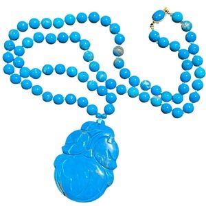 Vintage Art Deco Asian Blue Carved Jade Fruit Silk Knotted Necklace